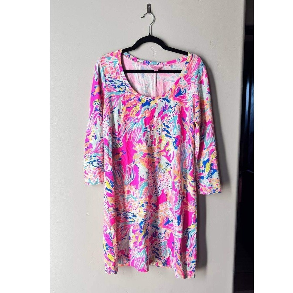 Lilly Pulitzer Shift Dress M Pink Tropical Print Modal Scoop Neck Resortwear